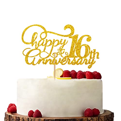 Gold Happy 16th Anniversary Cake Topper Verlobung Jahrestag Kuchen Topper Glitzer Kuchen Dekorationen für 16. Jahrestag Hochzeit Party von KKAIRA