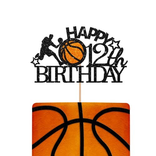 Schwarz Happy 12th Birthday Cake Topper Geburtstag Party Cake Topper Glitzer Basketball Kuchen Dekorationen für 12 Geburtstag Jahrestag Party von KKAIRA