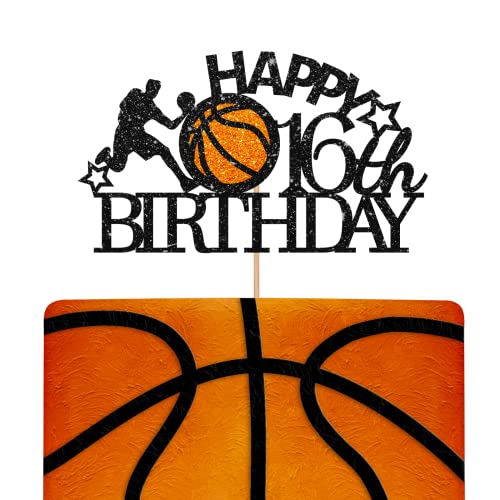 Schwarz Happy 16th Birthday Cake Topper Geburtstag Party Cake Topper Glitzer Basketball Kuchen Dekorationen für 16 Geburtstag Jahrestag Party von KKAIRA