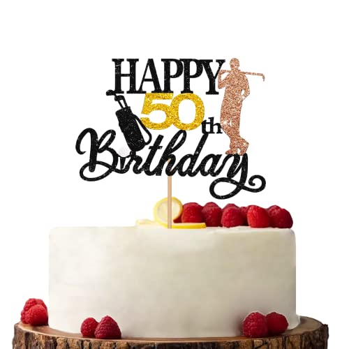 Schwarz & Gold Golf Happy 50th Birthday Cake Topper, Golf Geburtstag Party Cake Topper, Glitzer Kuchen Dekorationen für Sport Thema Geburtstag Jubiläum Party von KKAIRA