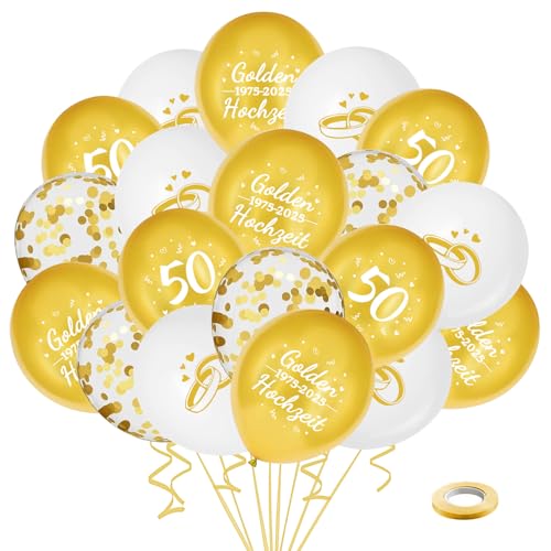 35 Stück Goldene Hochzeit Luftballon, 50. Hochzeitstag Dekoration, Bedruckter Ballon und Konfetti-Ballons mit 2 Rollen Band, für Hochzeit Party Deko von KKSJK