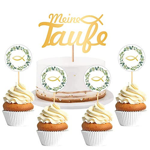 49 Stück Kommunion Tortendeko, 1 Goldenes "Meine Taufe" Cake Topper, 48 Fisch und Blätterkranz Cupacake Topper, Tortendeko Konfirmation für Junge Mädche von KKSJK