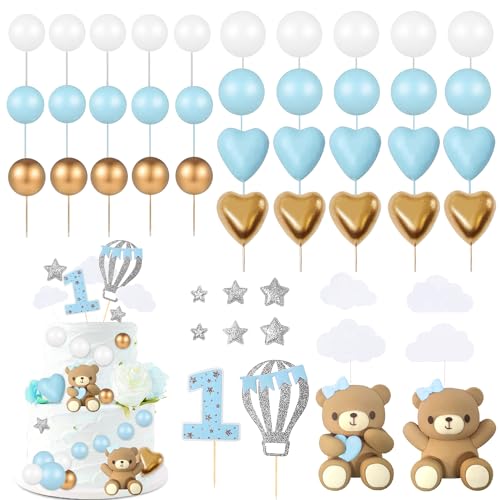 49 Stück Blau Tortendeko Set, Jungen 1.Geburtstag Cake Topper, Teddybär Kuchen Dekoration für Hochzeit, Baby Shower und Geburtstag Party von KKSJK