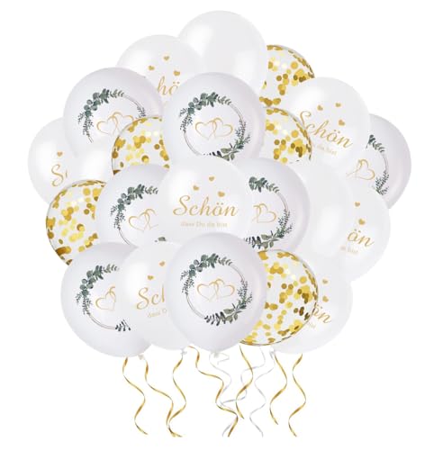 50 Stück Luftballons Hochzeit, 12 Zoll Konfetti Hochzeit Balloons, Hochzeit Luftballons mit Herzen um Eukalyptus, Weiß Luftballons für Verlobung Heiratsantrag Party Dekoration von KKSJK