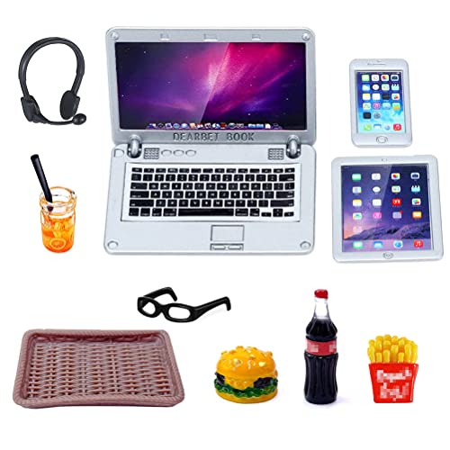 KKSJK 10 Stück Puppenhaus Lernen Zubehör, Miniatur Wichtel Zubehör, Simulation Metall Laptop Handy und Tablet, Mini Brille Hamburger Cola Pommes Getränke Tablett von KKSJK