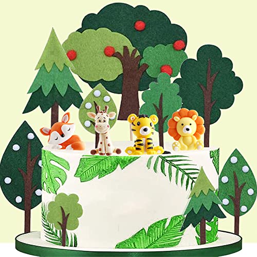 KKSJK 14 Stück Dschungel Tortendeko Set, 4 Stück Tier Cake Toppers, 10 Stück Baum Tortenaufleger, Kinder Wald Thema Party Kuchen Zubehör, Geburtstag Party Decoration für Mädchen und Jungen von KKSJK