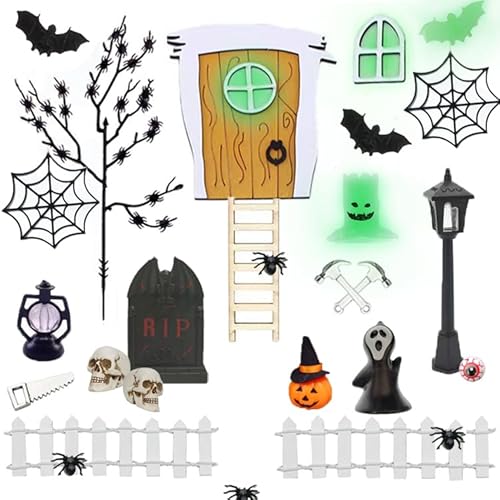 Puppenhaus Halloween Dekoration, Miniatur Wichteltür Halloween Set, Wichteltür Zubehör, Skelette Spinnen Fledermäuse Elfentor Grabstein Geist Puppenstuben Zubehör von KKSJK