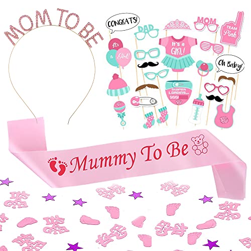 Rosa Baby Shower Deko Set, Mädchen Babyparty Dekoration, Its a Girl Konfetti Für Baby Party, Mom To Be Krone, Mummy To Be Schärpe, 25 Stück Mädchen Fotobox Accessoires von KKSJK