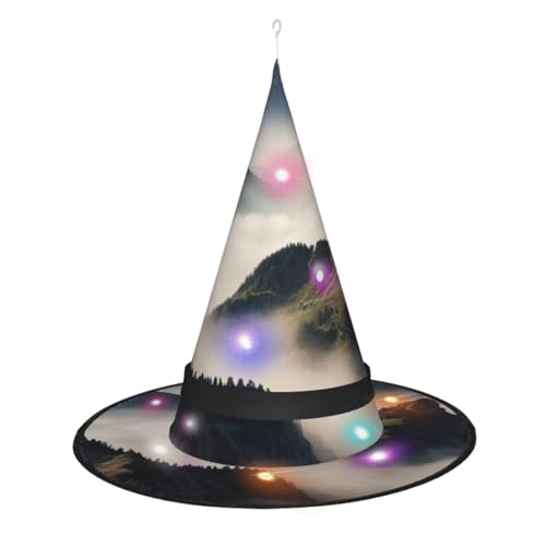 KLAMN Bedruckter Hexenhut für Damen, Motiv: Berge, Wolken, scharfe Eck-Hexenhüte mit LED-Licht für Halloween, Cosplay, Maske, Party von KLAMN