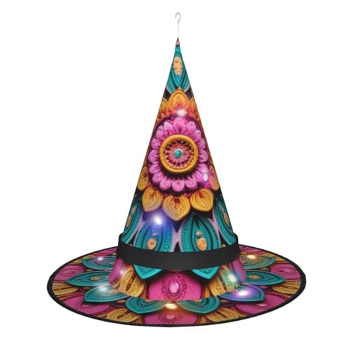 KLAMN Boho-Mandala-Hexenhut mit bunten Blumen für Damen, scharfe Eck-Hexenhüte mit LED-Licht für Halloween, Cosplay, Maskenparty von KLAMN