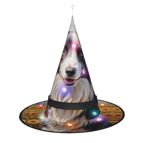 KLAMN Border Collie bedruckter Hexenhut für Damen, scharfe Eck-Hexenhüte mit LED-Licht für Halloween, Cosplay, Maskenparty von KLAMN