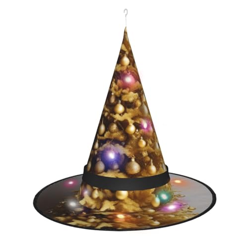 KLAMN Goldener Glitzer-Weihnachtsbaum bedruckter Hexenhut für Damen, scharfe Eck-Hexenhüte mit LED-Licht für Halloween, Cosplay, Maskenparty von KLAMN