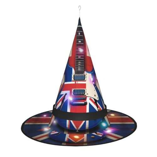 KLAMN Hexenhut für Damen, Motiv: Gitarre, britische Flagge, scharfe Eck-Hexenhüte mit LED-Licht für Halloween, Cosplay, Maskenparty von KLAMN