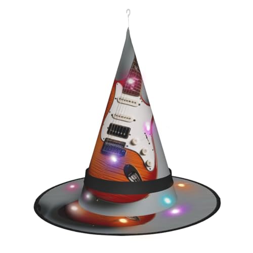 KLAMN Hexenhut mit Gitarrenmuster für Damen, scharfe Eck-Hexenhüte mit LED-Licht für Halloween, Cosplay, Maskenparty von KLAMN