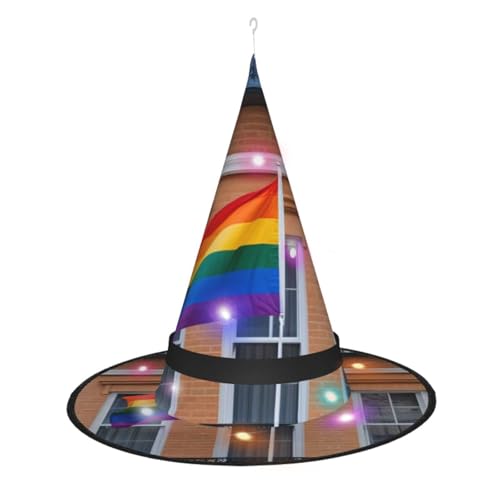 KLAMN Hexenhut mit Regenbogen-Flagge für Damen, scharfe Eck-Hexenhüte mit LED-Licht für Halloween, Cosplay, Maskenparty von KLAMN