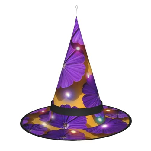 KLAMN Hexenhut mit violetten Pflanzen, bedruckt, für Damen, scharfe Eck-Hexenhüte mit LED-Licht für Halloween, Cosplay, Maske, Party von KLAMN