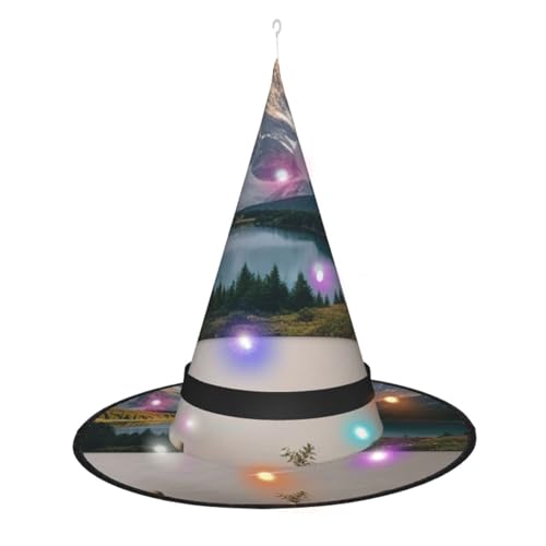 KLAMN Light Mountain bedruckter Hexenhut für Damen, scharfe Eck-Hexenhüte mit LED-Licht für Halloween, Cosplay, Maskenparty von KLAMN