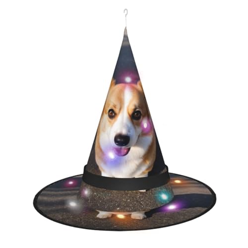 KLAMN Niedlicher Corgi-bedruckter Hexenhut für Damen, scharfe Eck-Hexenhüte mit LED-Licht für Halloween, Cosplay, Maskenparty von KLAMN