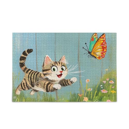 Bunte Schmetterlinge mit Katzen-Motiv, Holz-Puzzle, lustige Gehirnspiele für Erwachsene, 1000 Teile von KLL