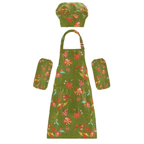 Kinder-Koch-Kostüm für Kinder, wasserdicht, rote Blumen, Vögel, Boho, modern, Kochschürze für Kinder, mit Taschen zum Kochen und Backen von 3–12 Jahren, 3 Stück von KLL