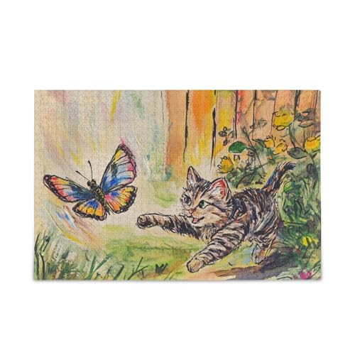 Lustige Katze Schmetterling Yard Puzzle Holz Puzzle Lustige Gehirnspiele für Erwachsene 1000 Teile von KLL