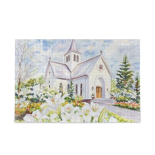 Weiße Lilien Kirche Puzzle Holzpuzzles Schwierige Spiele für Erwachsene 1000 Teile von KLL