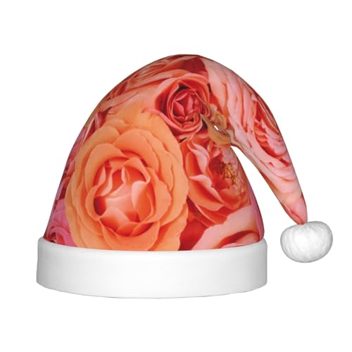 KLMELLMDE Kinder Weihnachten Orange Rose Hut Plüsch Weihnachtsmütze für Jungen und Mädchen Patchwork Druck Weihnachtstag Hut Geeignet für Weihnachten Neujahr Urlaub Thema Party Hut von KLMELLMDE