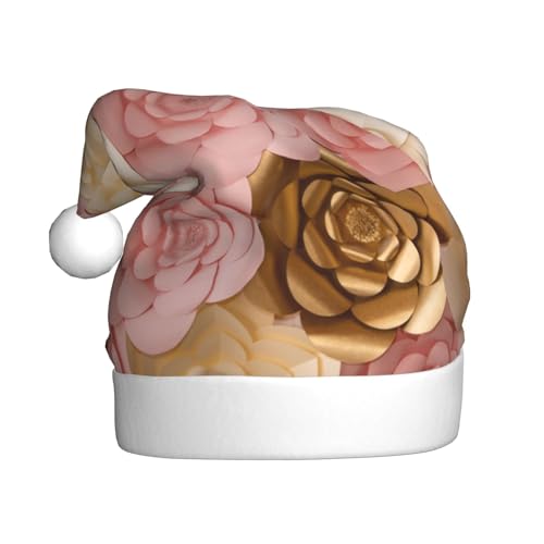 KLMELLMDE Weihnachtsmütze für Erwachsene, Plüsch, Rosa, Weiß, Gold, Blumen, gemütlicher Weihnachtsmütze, Weihnachtsgeschenk, Neujahrsgeschenk, für Damen und Herren von KLMELLMDE