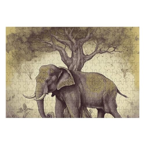 200 Teile Puzzle für Erwachsene Holz Herausforderung Puzzle Asiatischer Elefant mit Baum Benutzerdefinierte personalisierte Bilderpuzzle für Erwachsene Familienspielabende Schwieriges Holzpuzzle von KLOPH