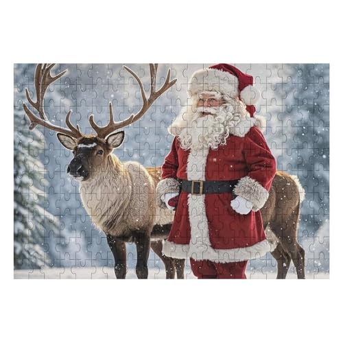 200 Teile Puzzle für Erwachsene Holz Herausforderung Puzzle Weihnachtsmann und Hirsch Elch Benutzerdefiniertes Bild Puzzle für Erwachsene Familienspielabende Schwieriges Holzpuzzle von KLOPH