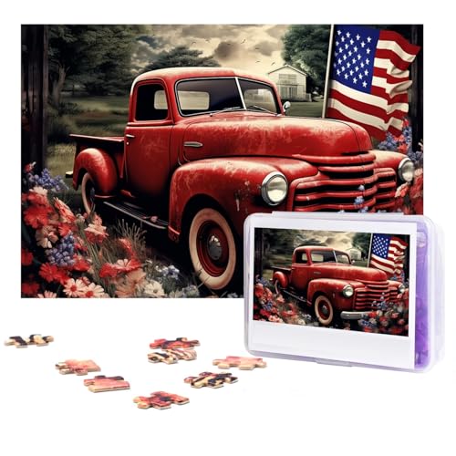 300-teiliges Puzzle für Erwachsene, herausforderndes Holzpuzzle 4. Juli, patriotisches altes rotes LKW, Fotopuzzle, individuelles Bilderpuzzle für Erwachsene und Kinder, Familienspielabende, 546,1 x von KLOPH