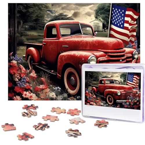 500-teiliges Puzzle für Erwachsene, herausforderndes Holzpuzzle 4. Juli, patriotisches altes rotes LKW, Fotopuzzle, individuelles Bilderpuzzle für Erwachsene und Kinder, Familienspielabende, 51,8 x von KLOPH