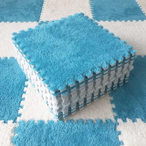 10 Stück Baby puzzelmatten Plüsch,Puzzle Bodenschaummattenfliesen,Krabbelmatte für Baby spielmatte Kinder puzzlematte Kinderspielteppich Schneidbare,rutschfeste (blau+ weiß) von KMDZDZGS