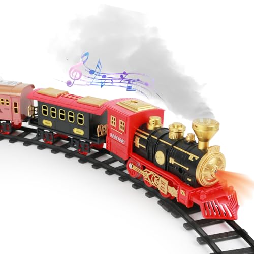 Dampfeisenbahn-Spielzeug,Eisenbahnspielzeug für Kinder mit Rauch,Licht&Sound,Schienen,Spielzeugeisenbahn mit Dampflokomotive,Güterwagen& Schienen,Weihnachtszugspielzeug Geschenke (A) von KMQRDZi