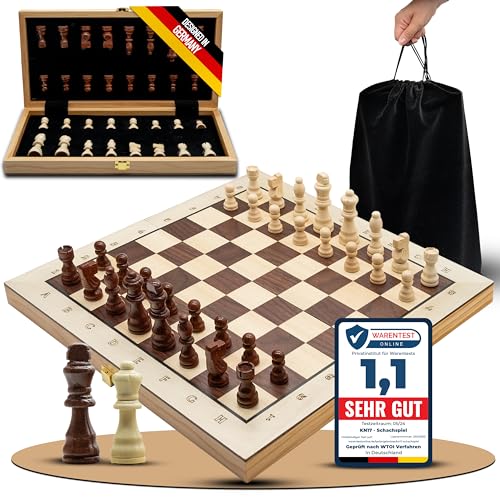 KN17 Hochwertiges Schachspiel Holz, klappbar und kompaktes Reiseschach inkl. Stoffbeutel, Laser gravierte Beschriftung, magnetisches Schachspiel, 38 x 38 cm groß und Spielanleitung. von KN17