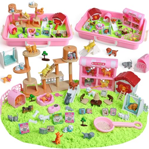 KNASON Katze und Hund Kinetischer Spielzeug Sand,Magic Toy Sand Set für Mädchen und Junge mit Sensorisch Spielsand und Sandkasten,Haustier Zaubersand Sandspielzeug Geschenk für Kinder ab 3 4 5 6 7 8 von KNASON