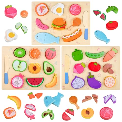 KNGNGK 29pcs Kinderküche Zubehör Holz Spielküche Zubehör Kinder Holz Küchenspielzeug zum Schneiden Holz Lebensmittel Obst Gemüse Spielzeug Matschküche Zubehör Magnet-Verbindung Mit 3 Holz Schneider von KNGNGK