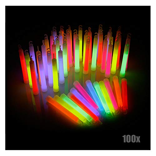 KNIXS 100er Pack Power-Knicklichter/Knicklicht (15cm) inkl. Spezialhaken und Befestigungsband im 6-Farb-Mix Leuchtend für Party, Festival, Outdoor oder als Dekoration von KNIXS