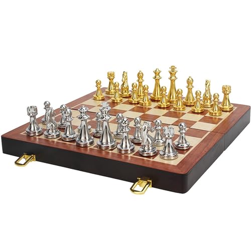 KOCAN Magnetisches Reiseschachspiel Gold Silber Metallschachfiguren Klappbares Holzschachbrett,Schachbrett-Set von KOCAN