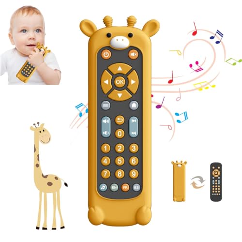 Baby TV Fernbedienung Spielzeug mit weicher Silikon Beißring Abdeckung, Musikalisches realistisches Spiel Remote Spielzeug mit Licht und Ton, 3-Sprache Spielzeug für 6M+ Jungen und Mädchen(Giraffe) von KOESMG