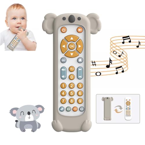 KOESMG Baby TV Fernbedienung Spielzeug mit weicher Silikon Beißring Abdeckung, Musikalisches realistisches Spiel Remote Spielzeug mit Licht und Ton, 3-Sprache Spielzeug für 6M+ Jungen und Mädchen von KOESMG