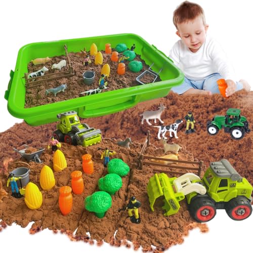 Bauernhof Kinetischer Sand, Spielsand Sandspielzeug mit 1 KG Magnetic Sensory Sand, Bauernhof Spielzeug und Nehmen Sie Apart Bauernauto, Sandkasten mit Deckel für Kinder 3-8 Jahre Alt von KOESMG