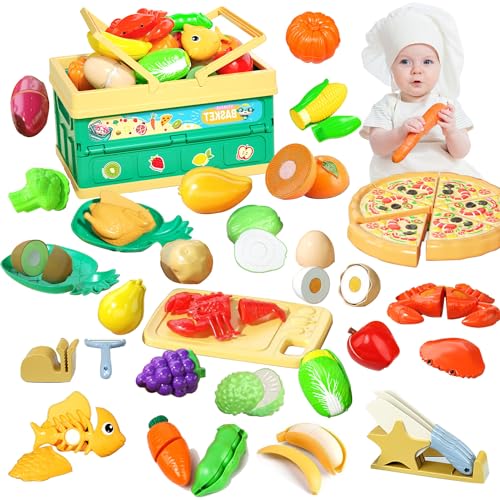 Pretend Play Food Toy Set für Kinderküche, Aufbewahrungskorb Schneiden gefälschte Lebensmittel, Obst und Gemüse Zubehör, Kleinkind Early Educational Learning Küche Spielzeug Geschenk für 3-8 Jahre von KOESMG