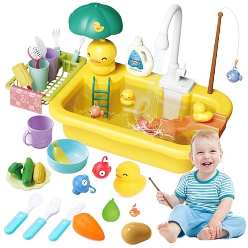 Spüle mit fließendem Wasser Spielen, Küchenspielzeug mit Spielnahrung, Schwimmende Pool Angelspielzeug für Wasserspiel, Kinder Rollenspiel Geschirrspüler Spielzeug für Jungen und Mädchen (Gelb) von KOESMG