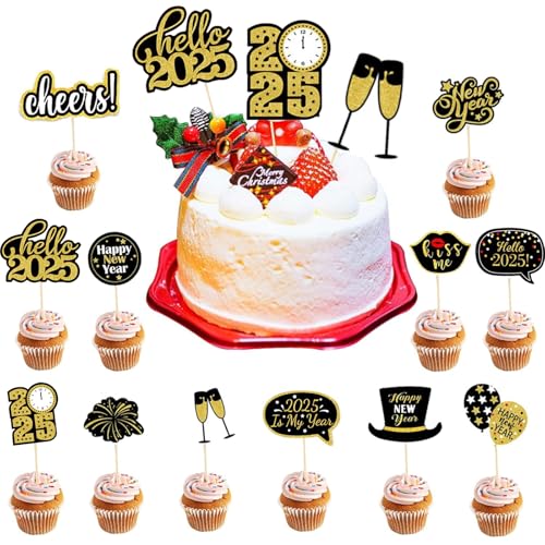 2025 Frohes Neues Jahr Cupcake Toppers, 24 Stücke Frohe Silvester Dekoration 2025, Tortendeko Silvester, Cake Toppers, Neues Jahr 2025 Party Kuchen Dekorieren von KOIROI