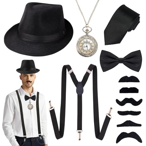 20er Jahre Kostüm Herren Accessoires, Peaky Blinders Kostüm, Mafia Kostüm Herren, Gangster Kostüm Herren mit Fliege Hut Schnurrbart Taschenuhr, Fasching Kostüme Herren für Karneval Party Cosplay von KOIROI