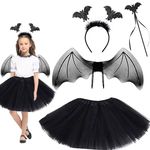 4-Teiliges Fledermaus Kostüm für Mädchen - Halloween Kinder Set mit Flügel, Haareif, Tutu Rock, Zauberstab - Für Karneval und Halloween 4-Teiliges Fledermaus Kostüm für Mädchen - Halloween Kinder Set mit Flügel, Haareif, Tutu Rock, Zauberstab - Für Karneval und Halloween von KOIROI