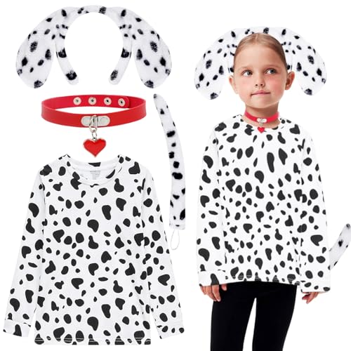 4-teilig Hunde Kostüm Set, Tierkostüm Kinder, Hundekostüm Kinder, Tierkostüm Kinder Gefleckte Hunde Cosplay Kostüm mit Ohren Stirnband Schwanz Tier Verkleiden für Kinder Mädchen Karneval Fasching von KOIROI