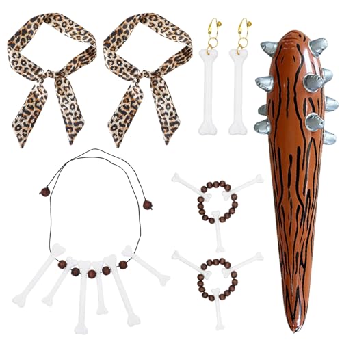 8 Stück Höhlenmensch Kostüm Zubehör mit Knochen Schmuck, Aufblasbarer Streitkolben, Leoparden-Stirnband, Knochen-Armband, Halskette, Ohrringe, Steinzeit Kostüm Damen für Karneval Cosplay Party von KOIROI