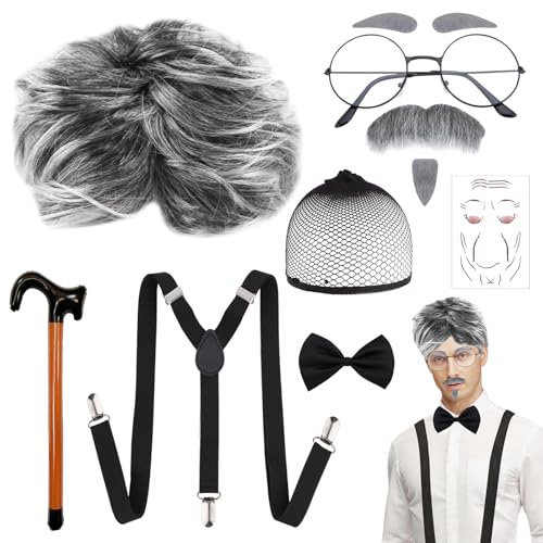 8 Stück Opa Kostüm Set, Alter Mann Kostüm Zubehör Set mit Falschem Bart Augenbraue Perückenkappe Brille Alter Großvater Perücke Cosplay Zubehör, Opa Perücke Kostüm Set für Karneval Party Cosplay von KOIROI